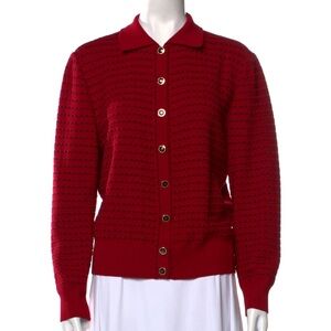 St. John Red and Black Knit Cardigan - Size Medium